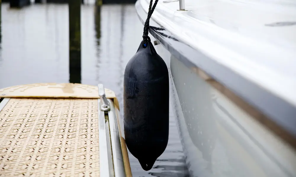 Black inflatable fender tied onto the side of a boat keeping it off the dock